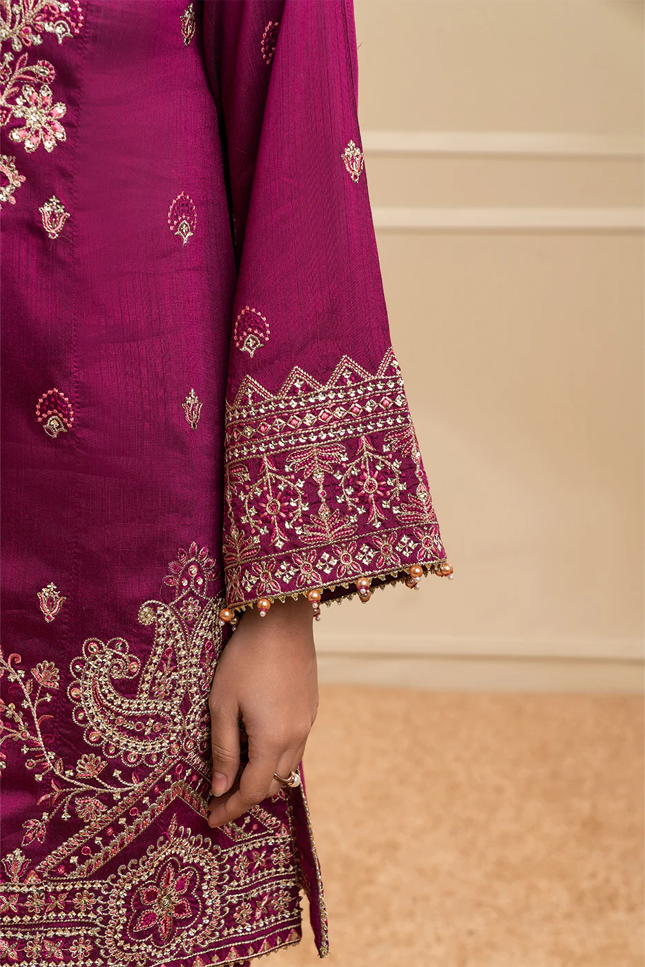 3 PIECE EMBROIDERED COTTON  RAW SILK SUIT-PLUM LUXE (UNSTITCHED) - Image 4
