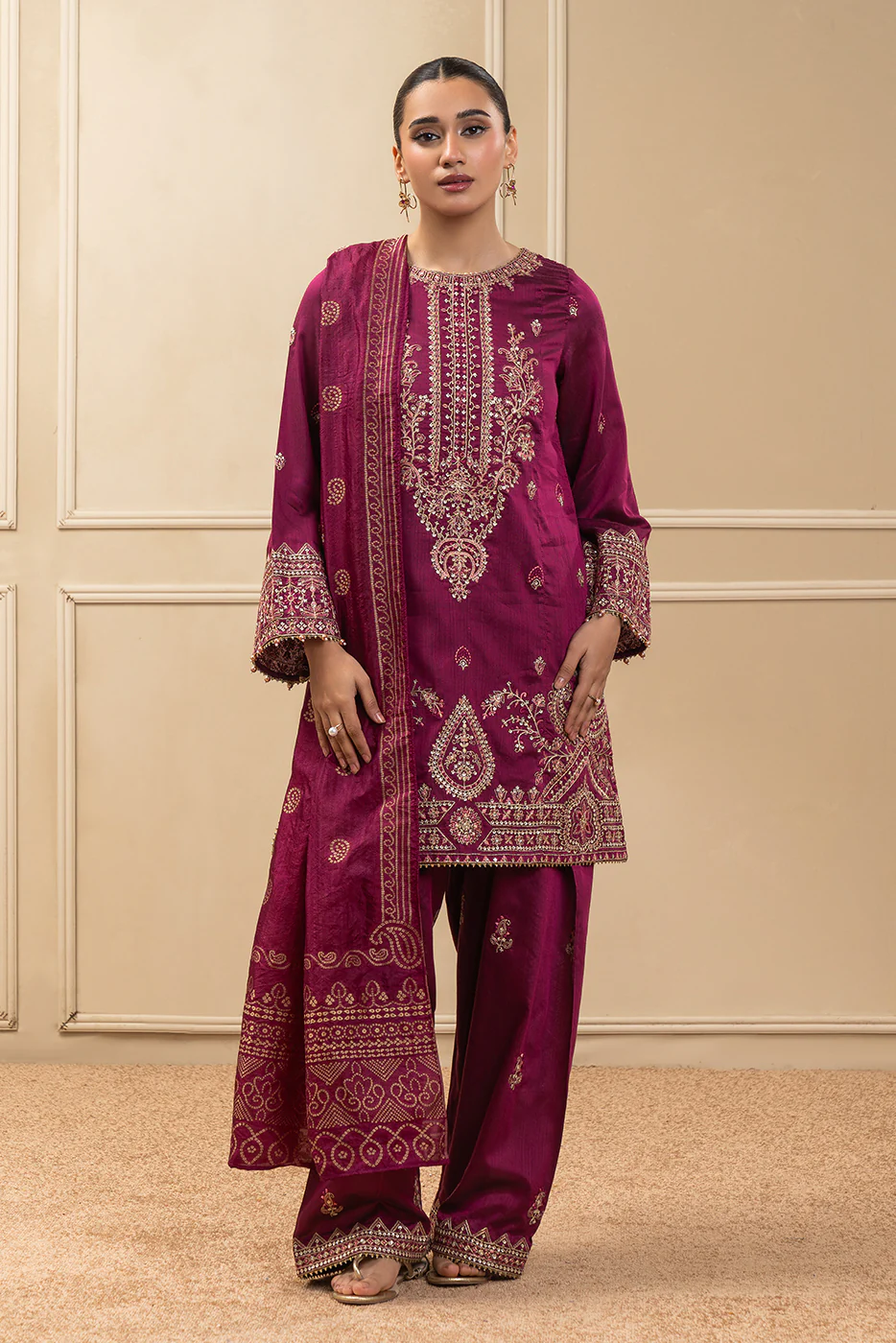 3 PIECE EMBROIDERED COTTON  RAW SILK SUIT-PLUM LUXE (UNSTITCHED) - Image 5