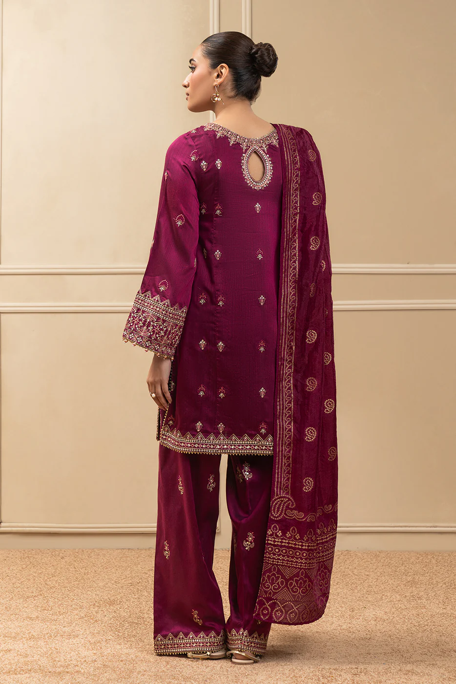 3 PIECE EMBROIDERED COTTON  RAW SILK SUIT-PLUM LUXE (UNSTITCHED) - Image 6