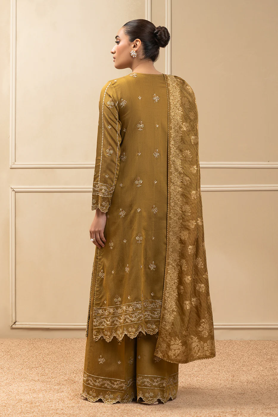 3 PIECE EMBROIDERED COTTON  RAW SILK SUIT-MUSTARD MEADOW (UNSTITCHED) - Image 6