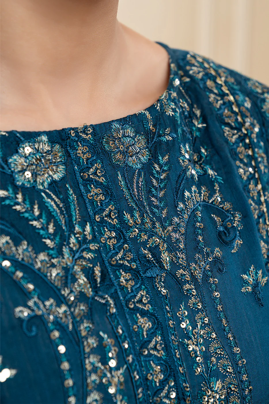 3 PIECE EMBROIDERED COTTON  RAW SILK SUIT-STARLIT SAPPHIRE (UNSTITCHED) - Image 3