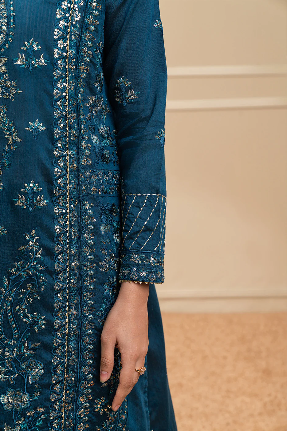 3 PIECE EMBROIDERED COTTON  RAW SILK SUIT-STARLIT SAPPHIRE (UNSTITCHED) - Image 4