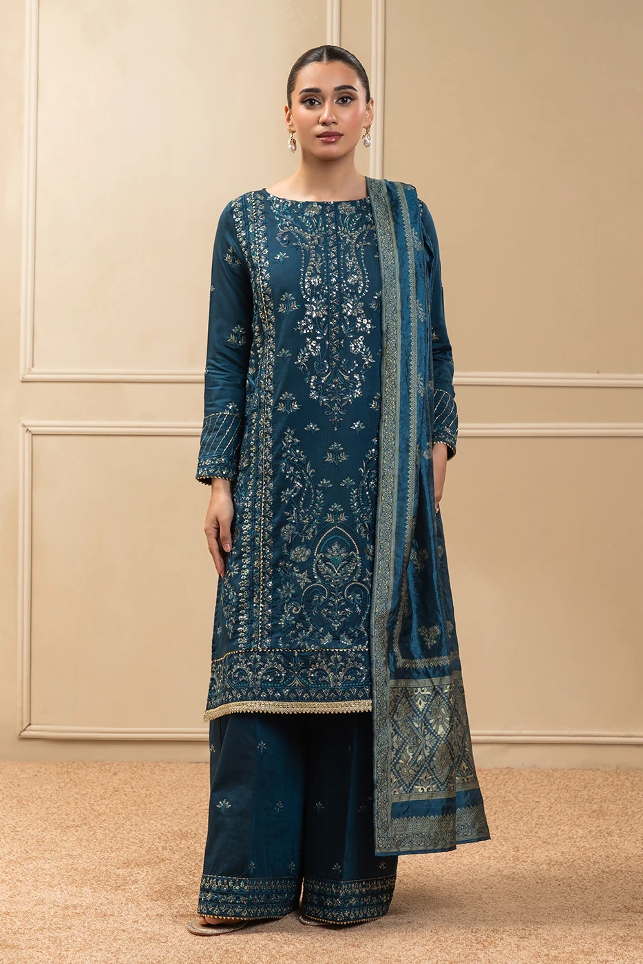 3 PIECE EMBROIDERED COTTON  RAW SILK SUIT-STARLIT SAPPHIRE (UNSTITCHED) - Image 5