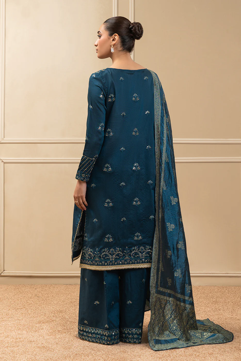 3 PIECE EMBROIDERED COTTON  RAW SILK SUIT-STARLIT SAPPHIRE (UNSTITCHED) - Image 6