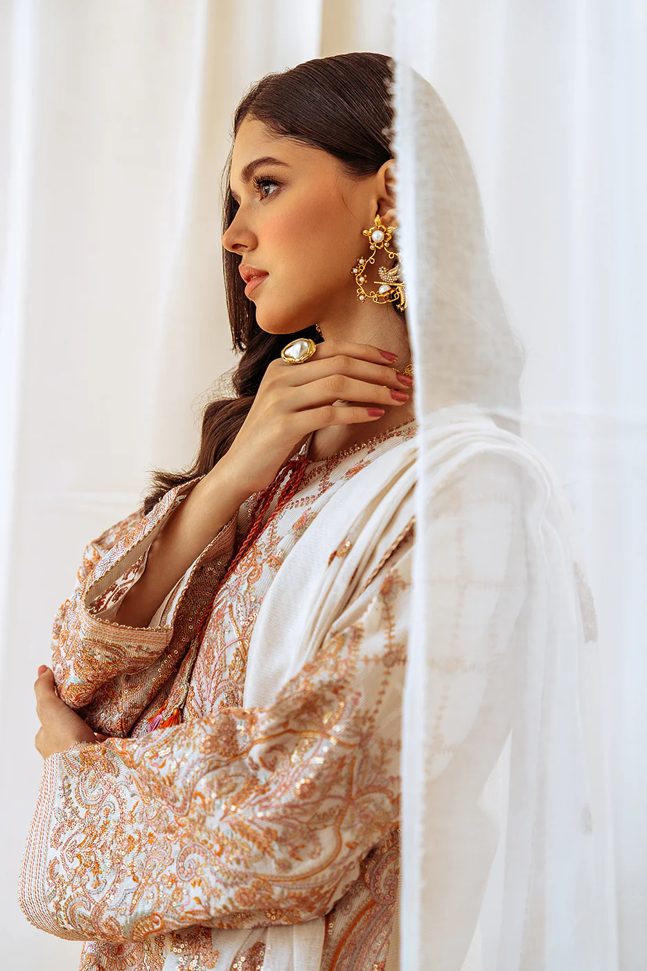 4 PIECE EMBROIDERED COTTON NET SUIT-OYSTER BLOOM (UNSTITCHED) - Image 2