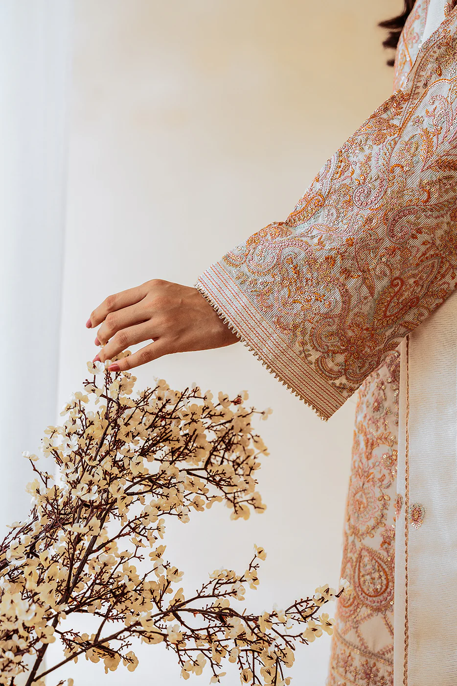 4 PIECE EMBROIDERED COTTON NET SUIT-OYSTER BLOOM (UNSTITCHED) - Image 3