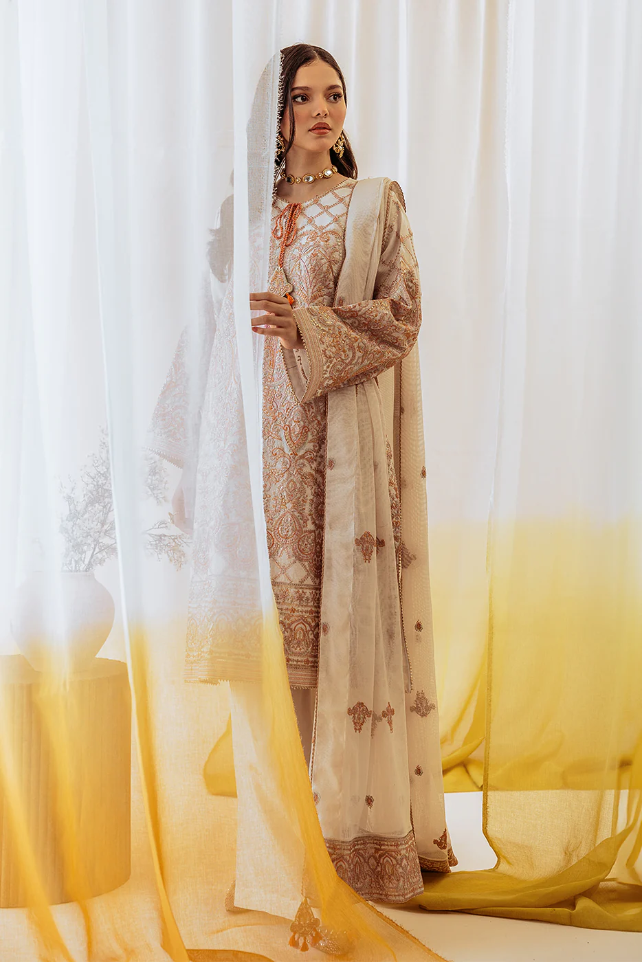4 PIECE EMBROIDERED COTTON NET SUIT-OYSTER BLOOM (UNSTITCHED) - Image 4