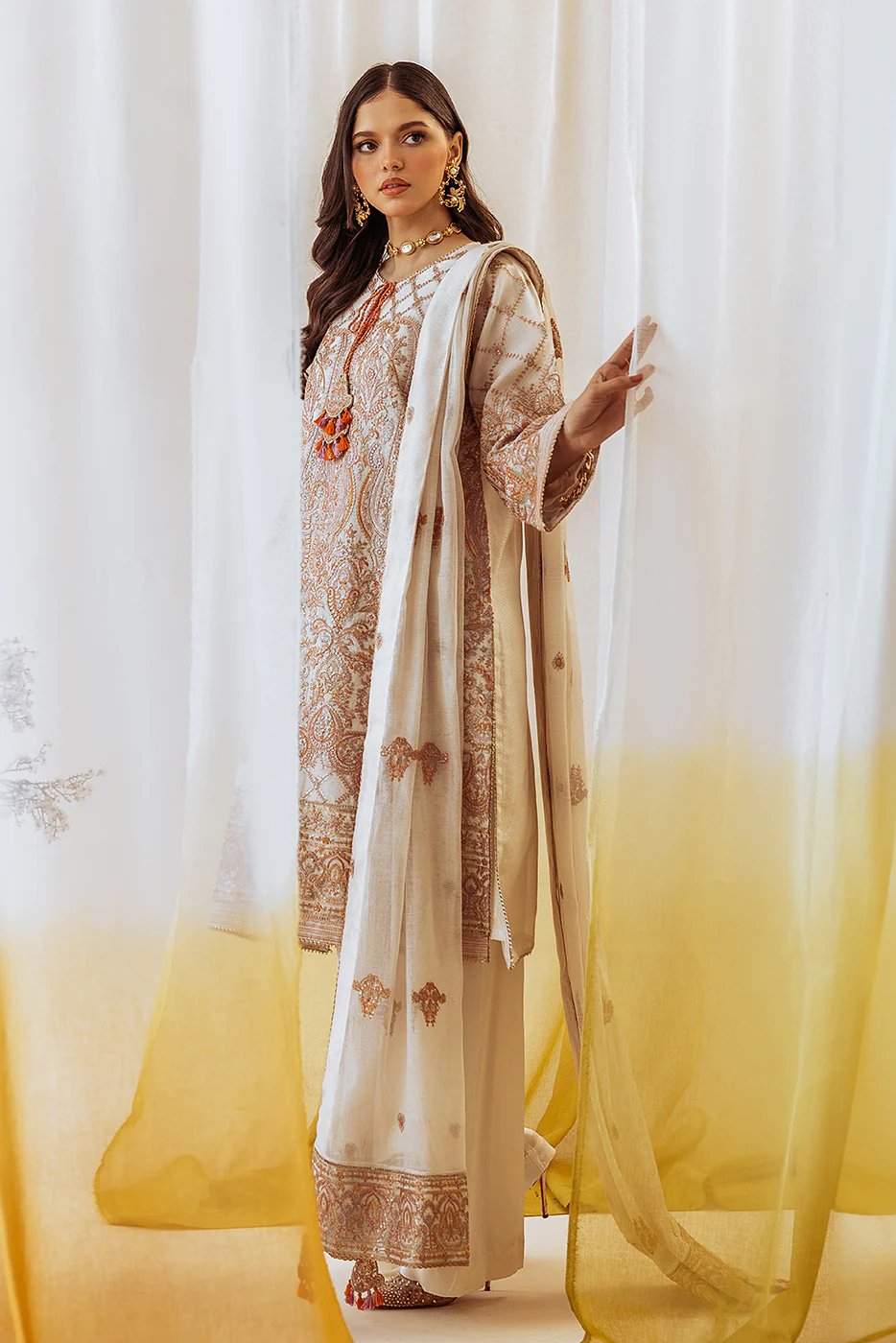 4 PIECE EMBROIDERED COTTON NET SUIT-OYSTER BLOOM (UNSTITCHED) - Image 5