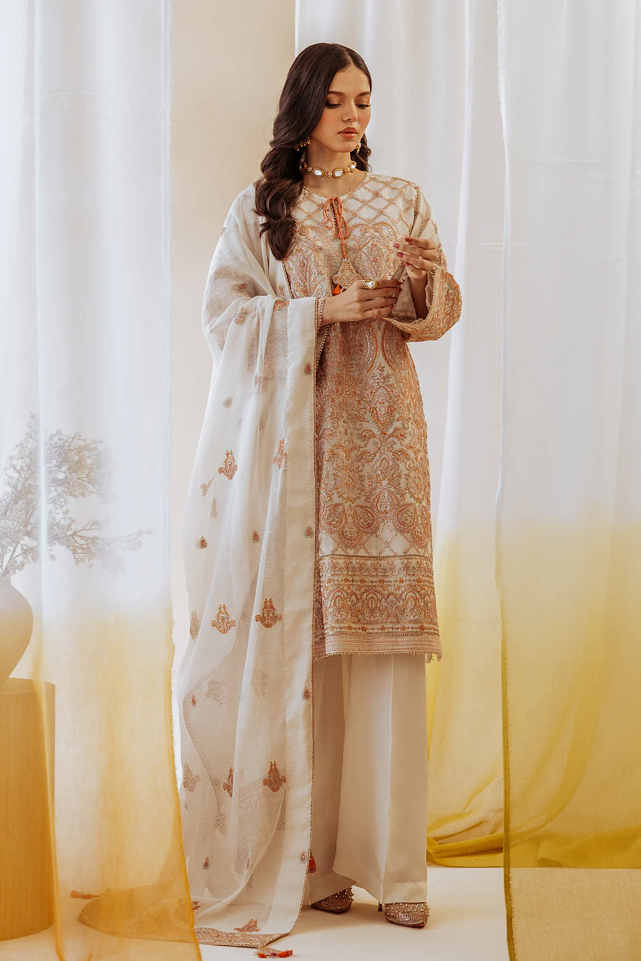 4 PIECE EMBROIDERED COTTON NET SUIT-OYSTER BLOOM (UNSTITCHED) - Image 6