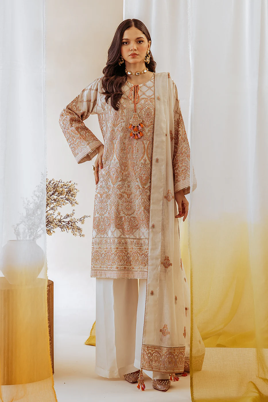 4 PIECE EMBROIDERED COTTON NET SUIT-OYSTER BLOOM (UNSTITCHED) - Image 7