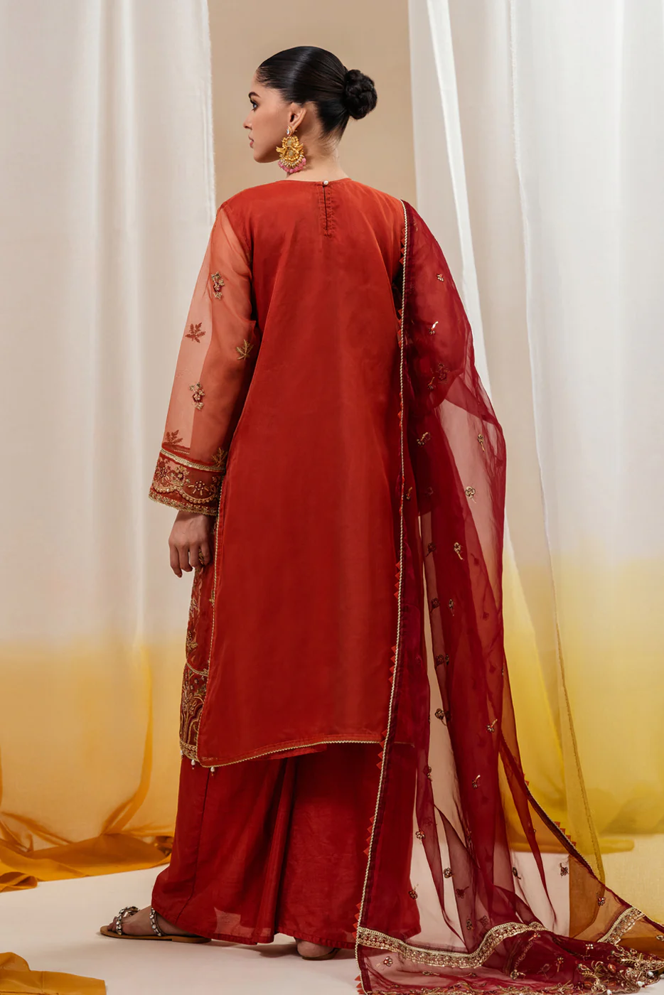 4 PIECE EMBROIDERED ORGANZA SUIT-TANGERINE ROUGE (UNSTITCHED) - Image 3