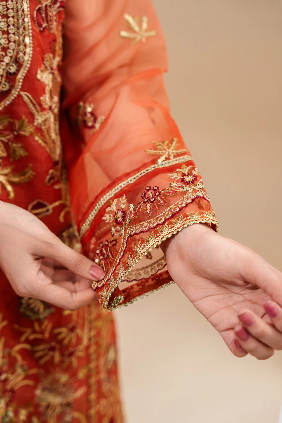 4 PIECE EMBROIDERED ORGANZA SUIT-TANGERINE ROUGE (UNSTITCHED) - Image 5
