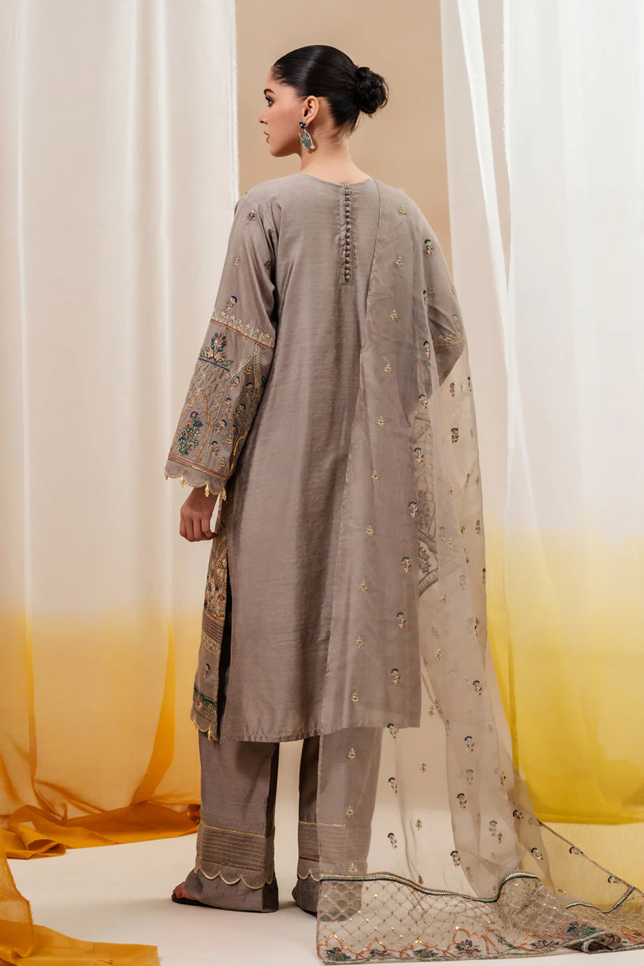 3 PIECE EMBROIDERED TWO TONE SUIT-STAR DUST (UNSTITCHED) - Image 3