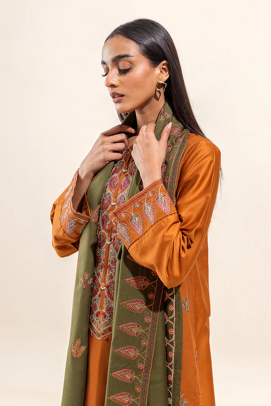 3 PIECE - EMBROIDERED COTTON SATIN SUIT WITH EMBROIDERED SHAWL - BASIL DUST (UNSTITCHED) - Image 2