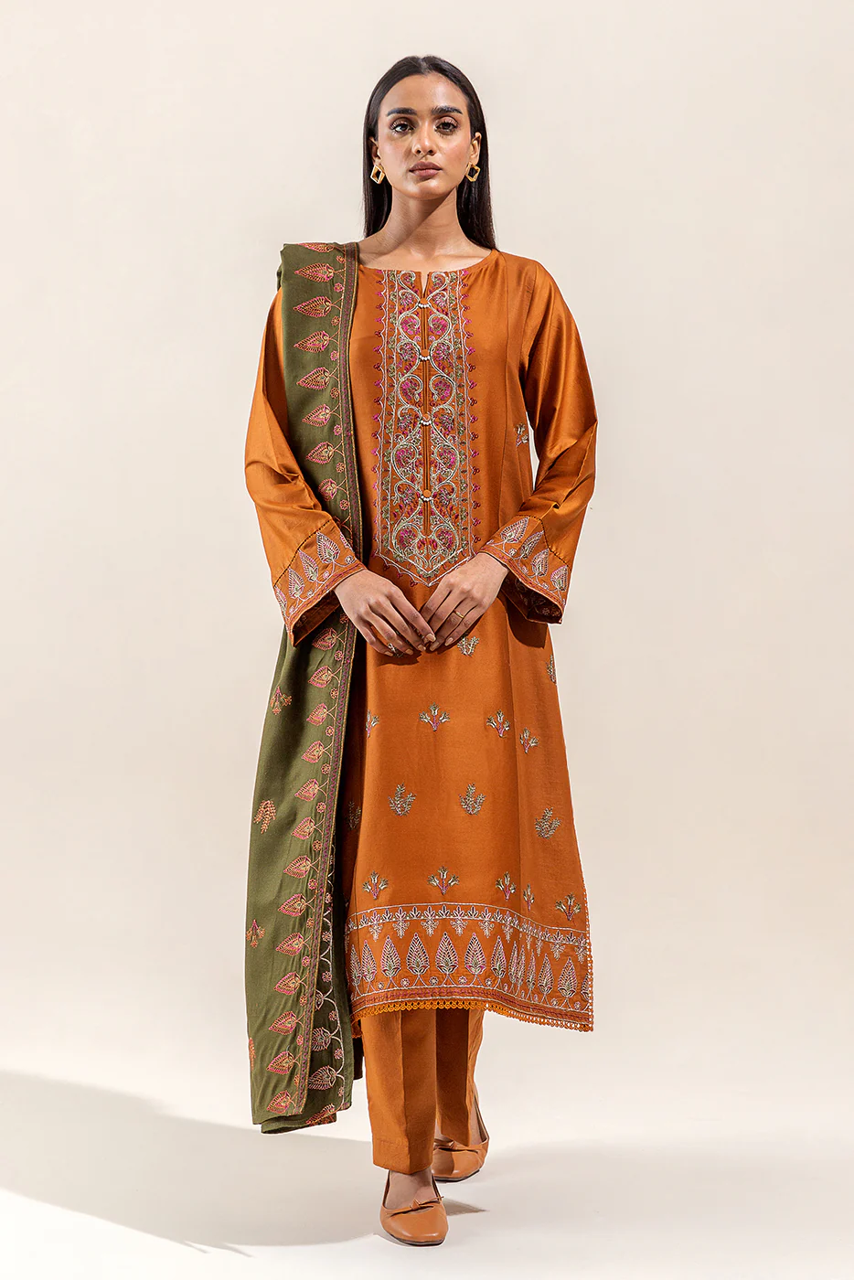 3 PIECE - EMBROIDERED COTTON SATIN SUIT WITH EMBROIDERED SHAWL - BASIL DUST (UNSTITCHED) - Image 3