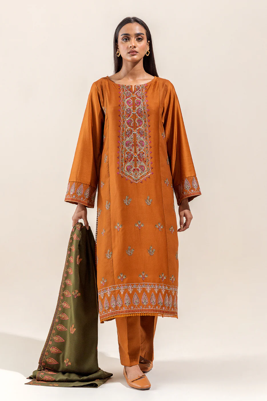 3 PIECE - EMBROIDERED COTTON SATIN SUIT WITH EMBROIDERED SHAWL - BASIL DUST (UNSTITCHED) - Image 4