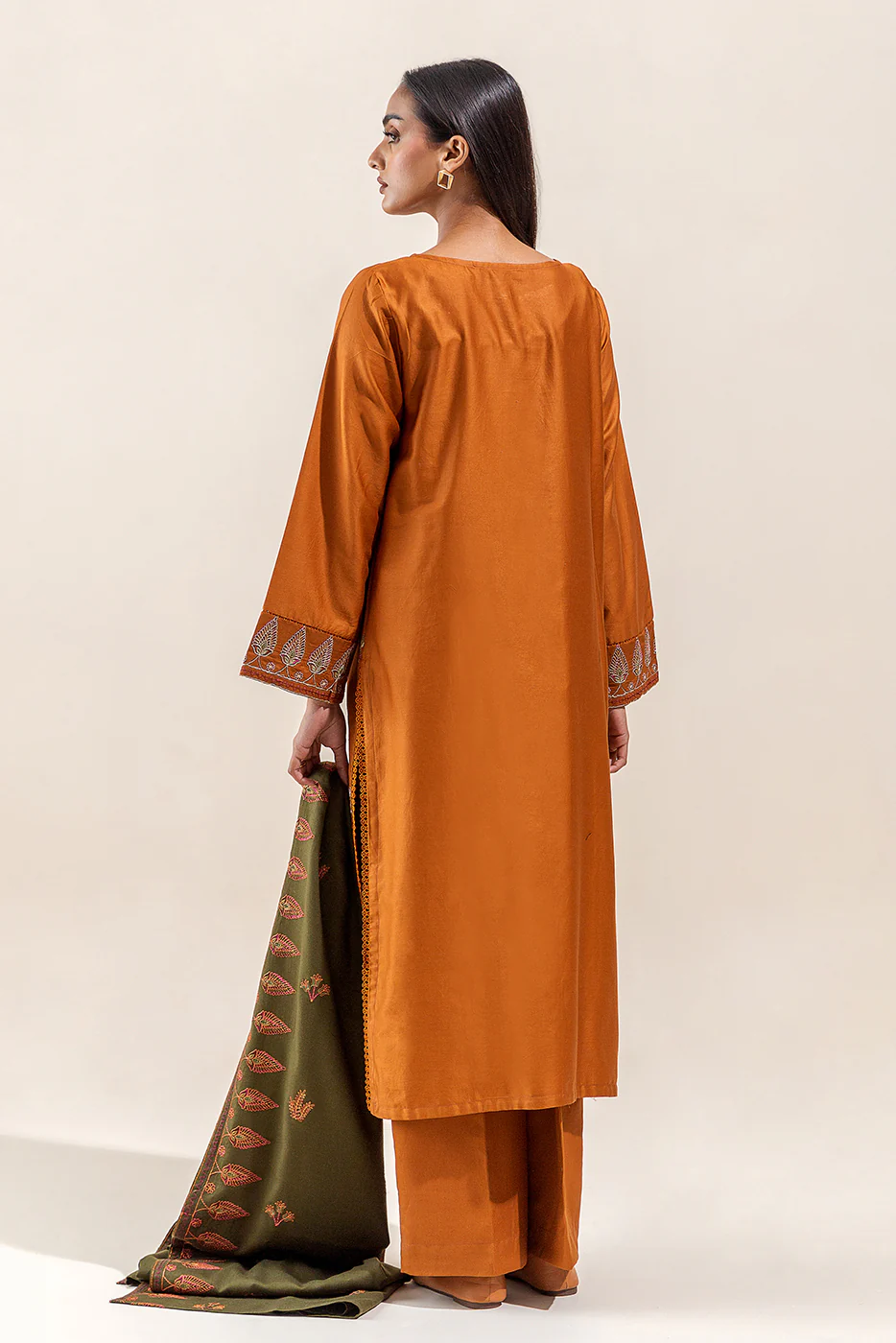 3 PIECE - EMBROIDERED COTTON SATIN SUIT WITH EMBROIDERED SHAWL - BASIL DUST (UNSTITCHED) - Image 5