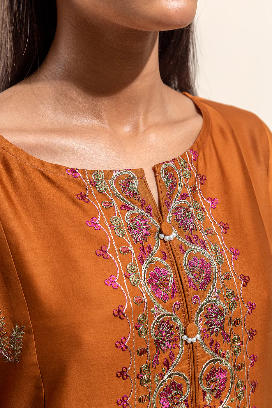 3 PIECE - EMBROIDERED COTTON SATIN SUIT WITH EMBROIDERED SHAWL - BASIL DUST (UNSTITCHED) - Image 6