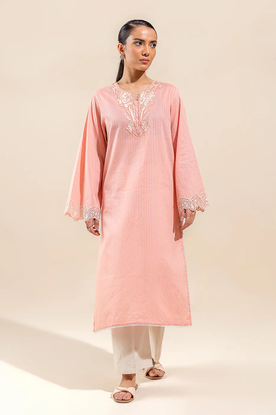 1 PIECE EMBROIDERED LENO KARRA SHIRT-CORAL FLORAL(UNSTITCHED) - Image 2