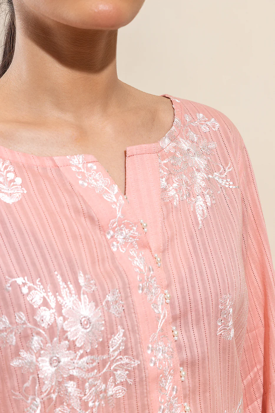 1 PIECE EMBROIDERED LENO KARRA SHIRT-SALMON MUSE(UNSTITCHED) - Image 4