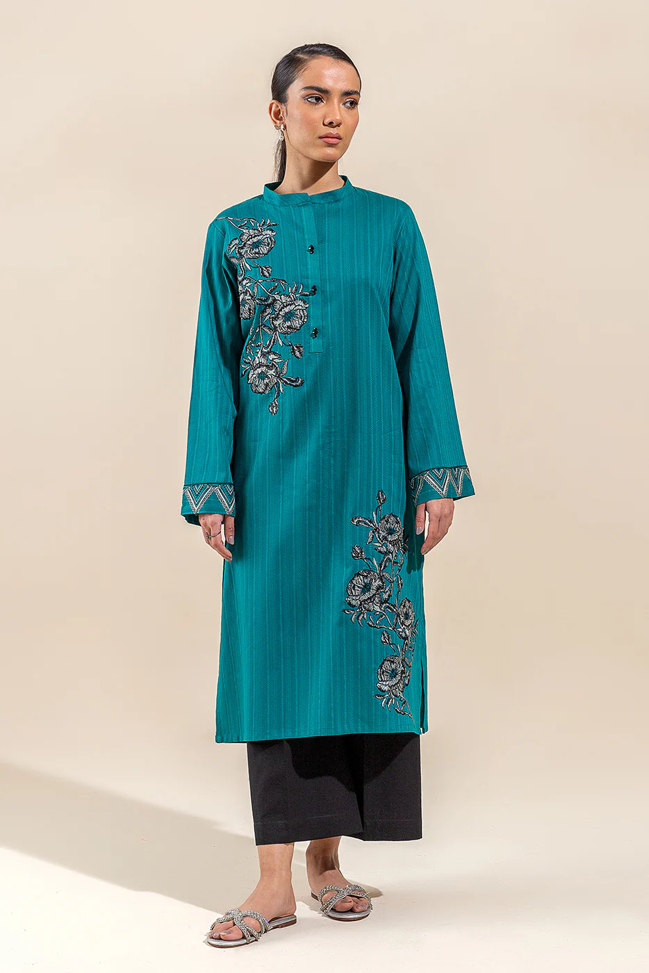 1 PIECE EMBROIDERED LENO KARRA SHIRT-TEAL AURA(UNSTITCHED) - Image 2