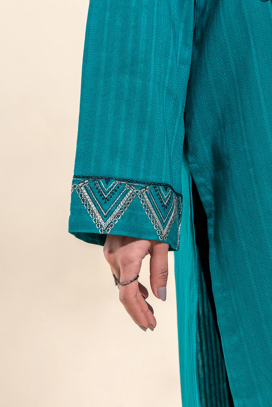 1 PIECE EMBROIDERED LENO KARRA SHIRT-TEAL AURA(UNSTITCHED) - Image 3