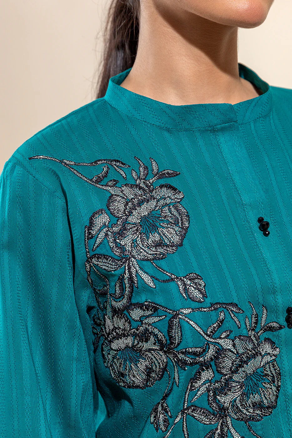 1 PIECE EMBROIDERED LENO KARRA SHIRT-TEAL AURA(UNSTITCHED) - Image 4