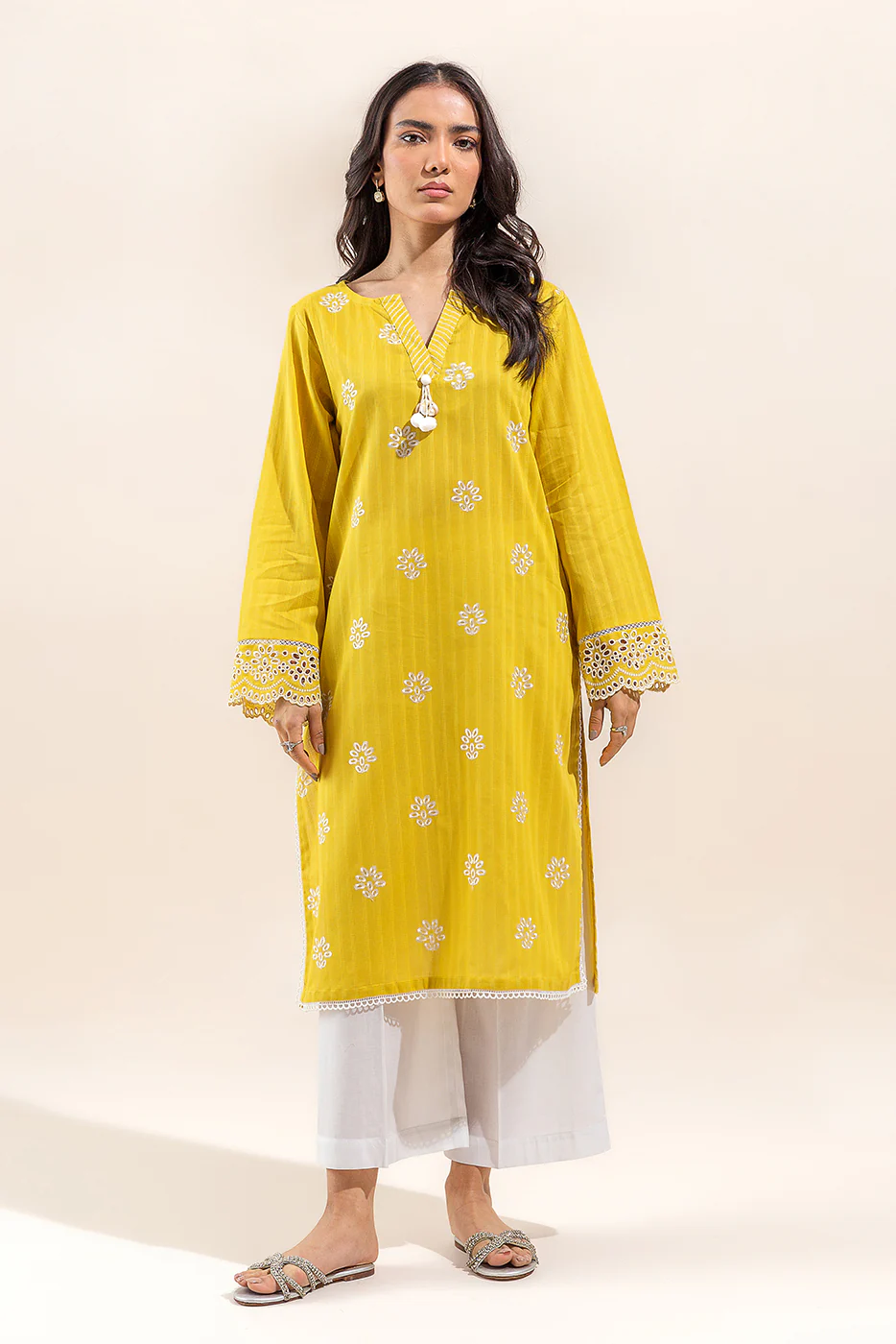 1 PIECE EMBROIDERED LENO KARRA SHIRT-MISTED YELLOW (UNSTITCHED) - Image 2