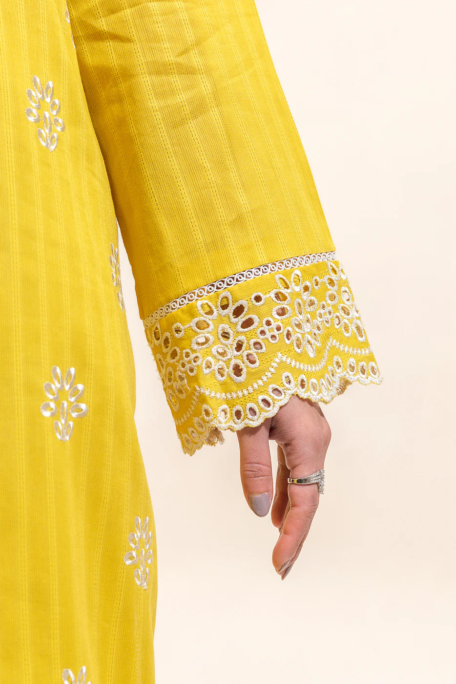 1 PIECE EMBROIDERED LENO KARRA SHIRT-MISTED YELLOW (UNSTITCHED) - Image 3