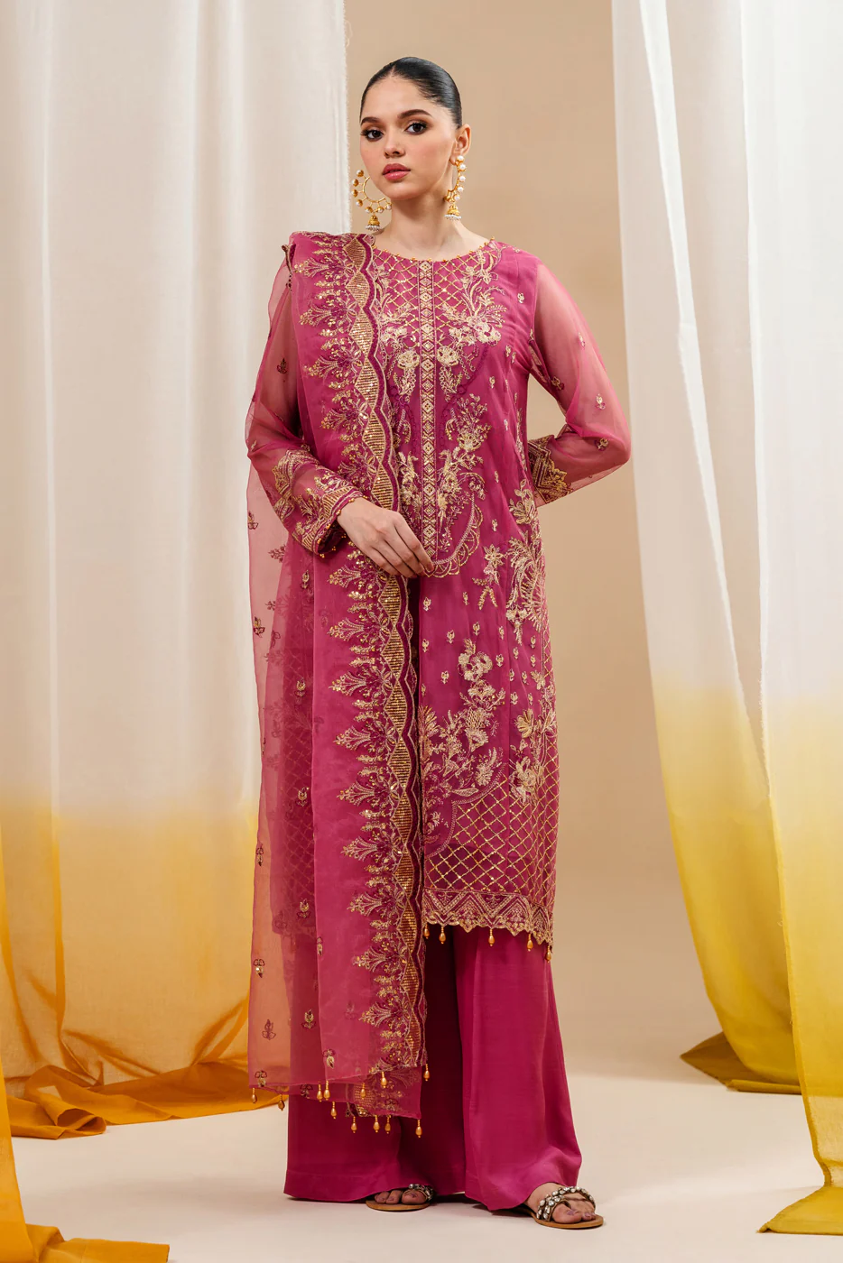 4 PIECE EMBROIDERED ORGANZA NET SUIT-FUCHSIA FANTASY (UNSTITCHED) - Image 3