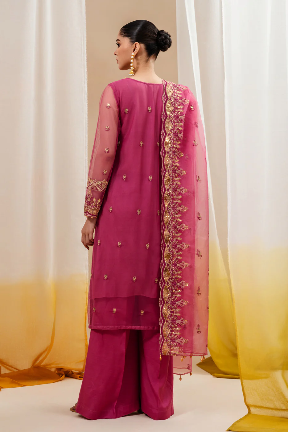 4 PIECE EMBROIDERED ORGANZA NET SUIT-FUCHSIA FANTASY (UNSTITCHED) - Image 4