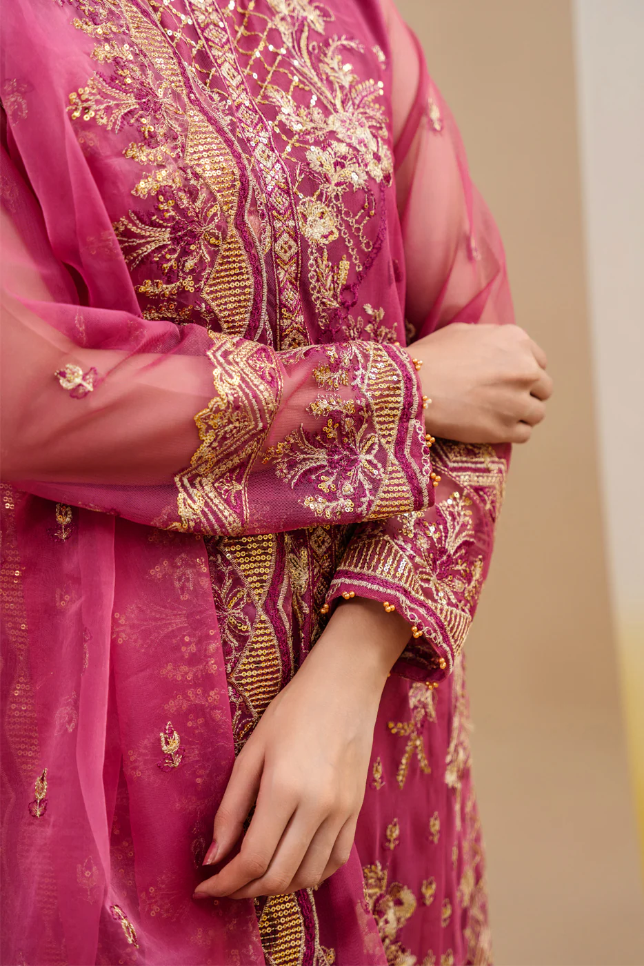 4 PIECE EMBROIDERED ORGANZA NET SUIT-FUCHSIA FANTASY (UNSTITCHED) - Image 6