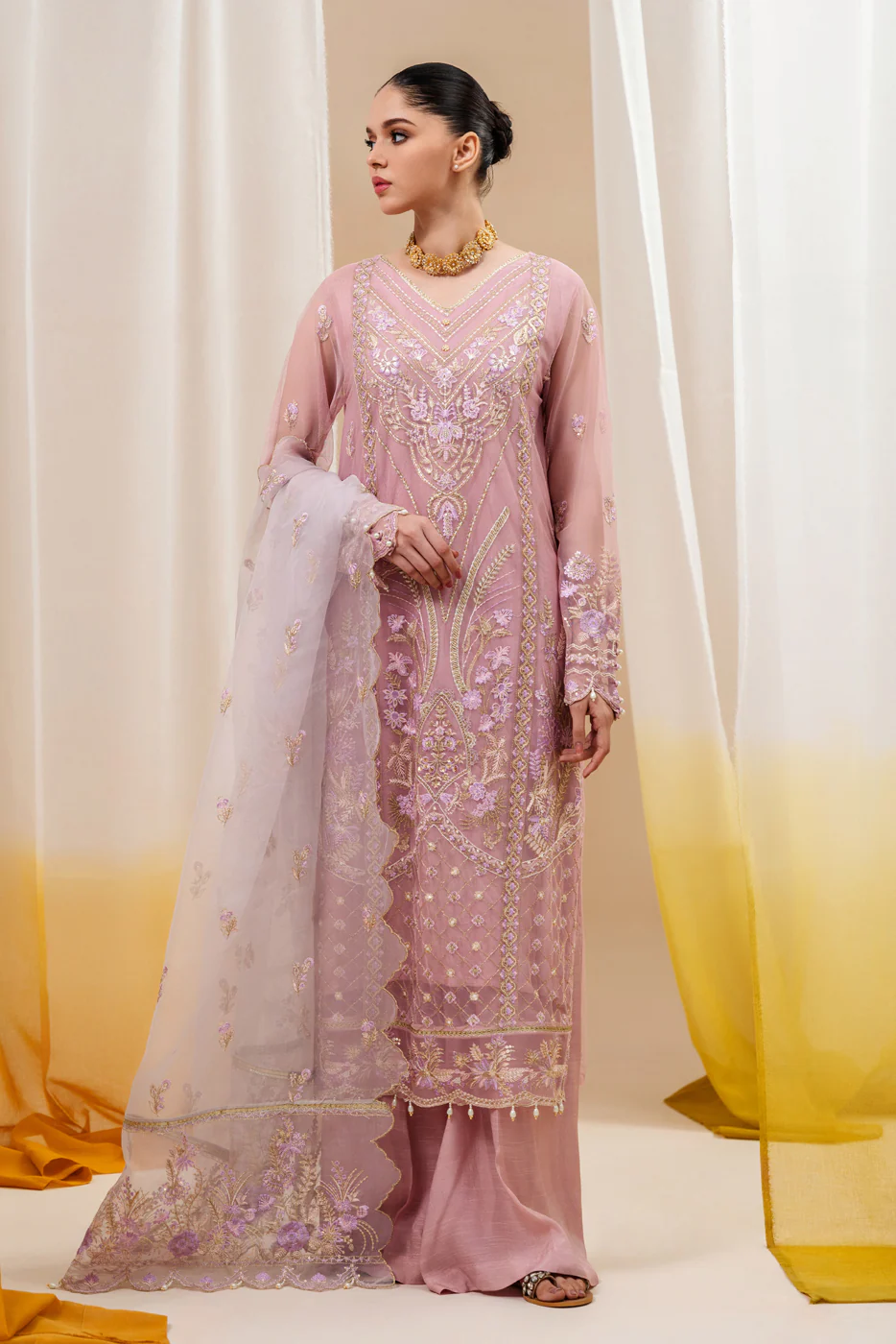 4 PIECE EMBROIDERED ORGANZA NET SUIT-PINK AURA (UNSTITCHED) - Image 2