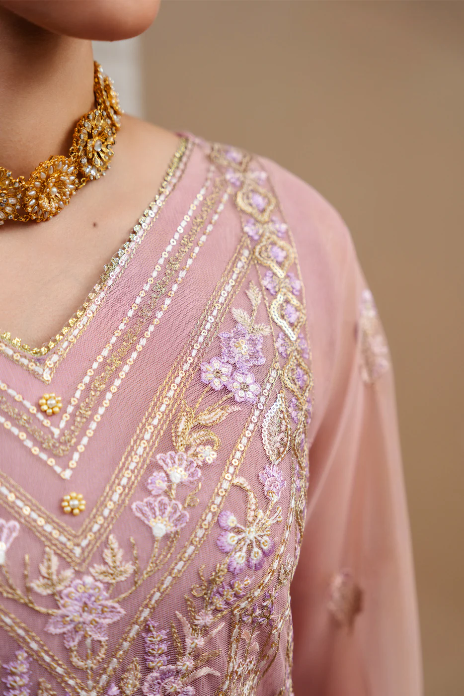 4 PIECE EMBROIDERED ORGANZA NET SUIT-PINK AURA (UNSTITCHED) - Image 4