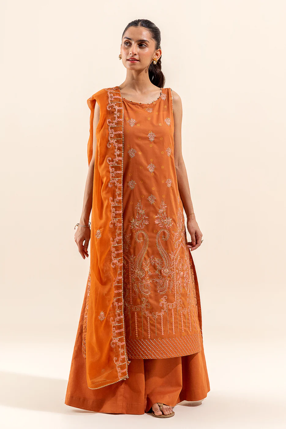 3 PIECE EMBROIDERED LAWN SUIT-SUNSET YAM (UNSTITCHED) - Image 2