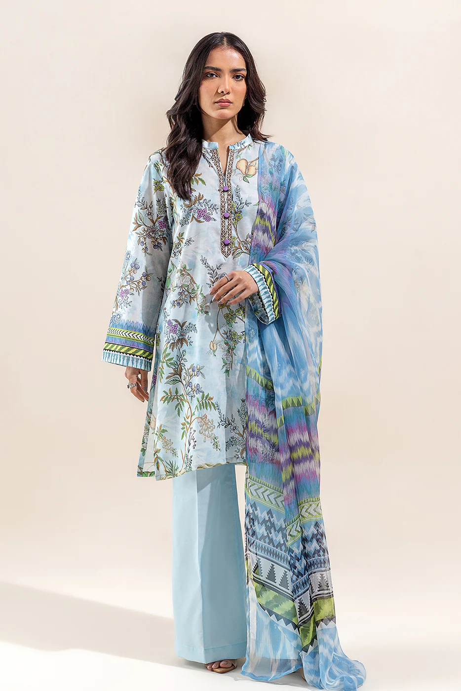 3 PIECE - PRINTED LAWN SUIT - IKAT BLOOM (UNSTITCHED) - Image 2