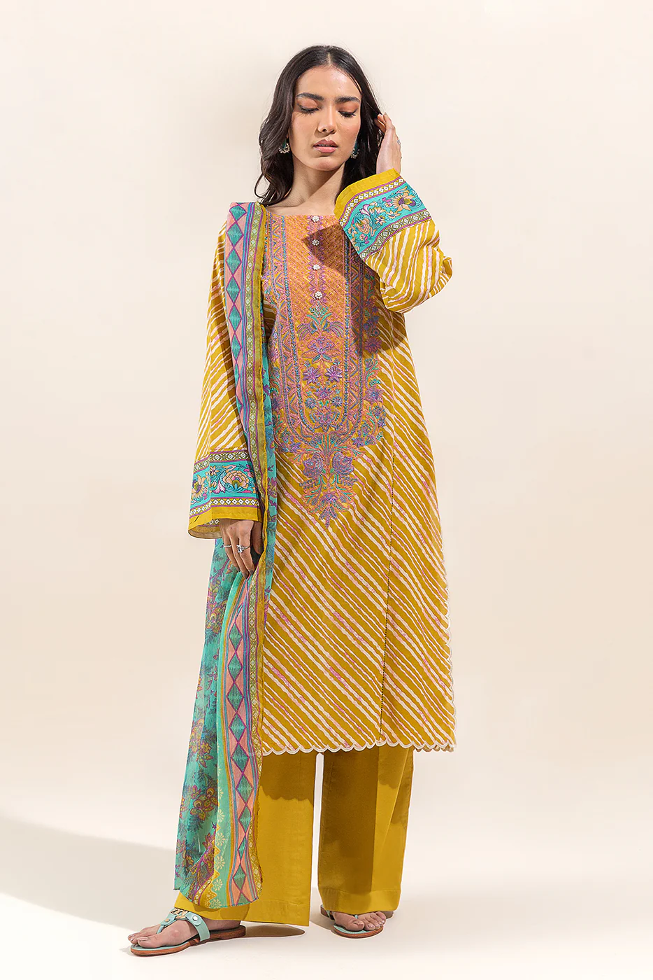 3 PIECE - EMBROIDERED LAWN SUIT - VIVID MUSTARD (UNSTITCHED) - Image 2