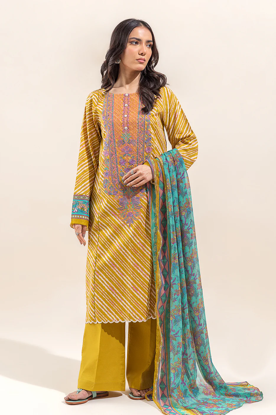 3 PIECE - EMBROIDERED LAWN SUIT - VIVID MUSTARD (UNSTITCHED) - Image 6