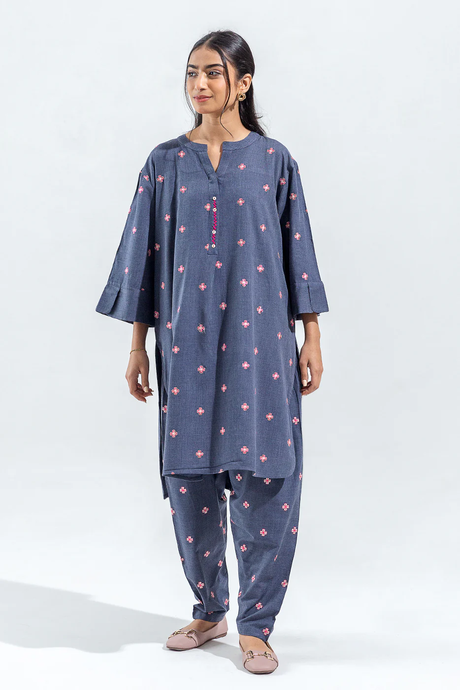2 PIECE EMBROIDERED CHAMBRAY SUIT (PRET) - Image 2