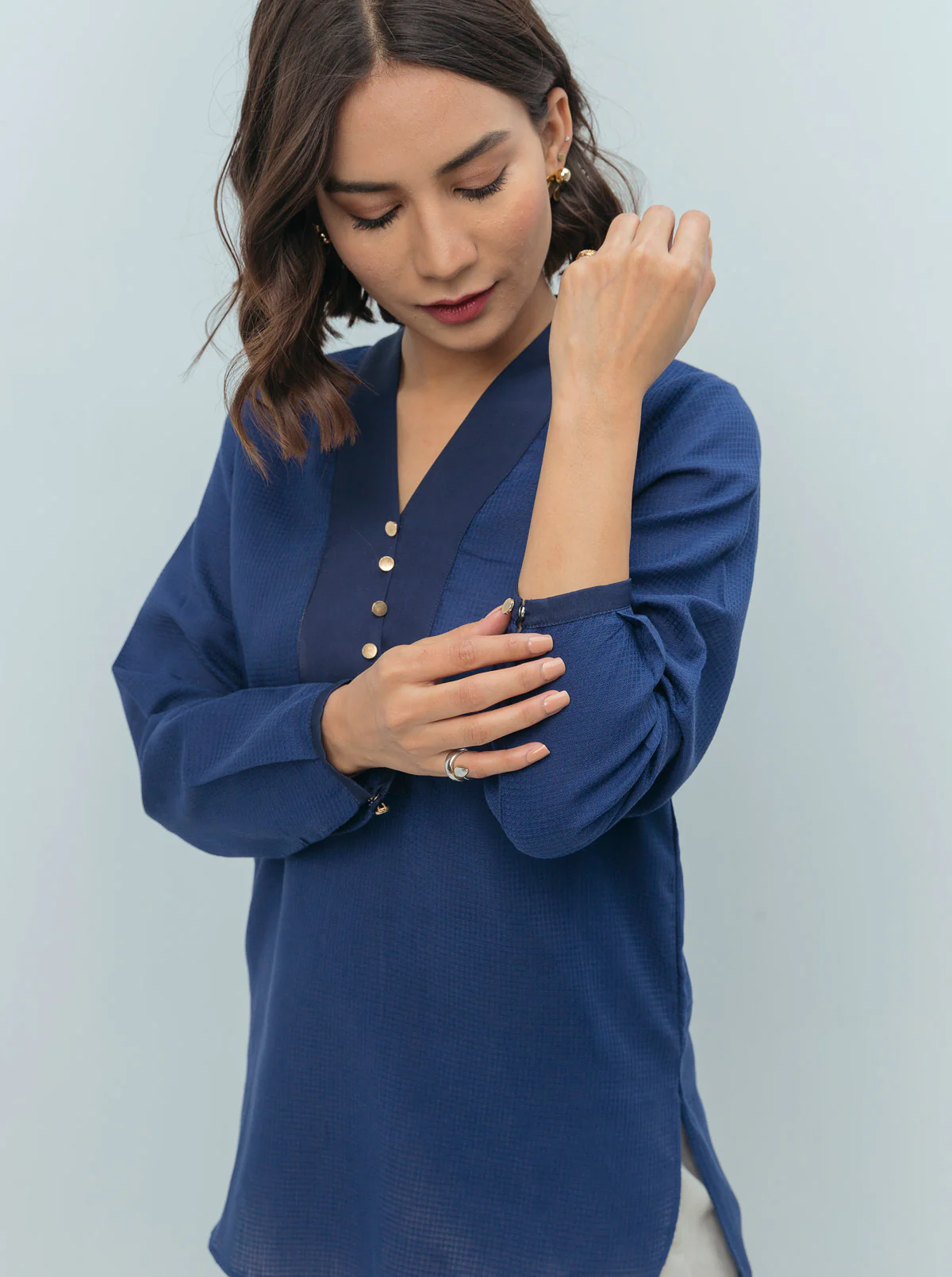 NAVY TEXTURED OVERLAP NECKLINE TOP - Image 2