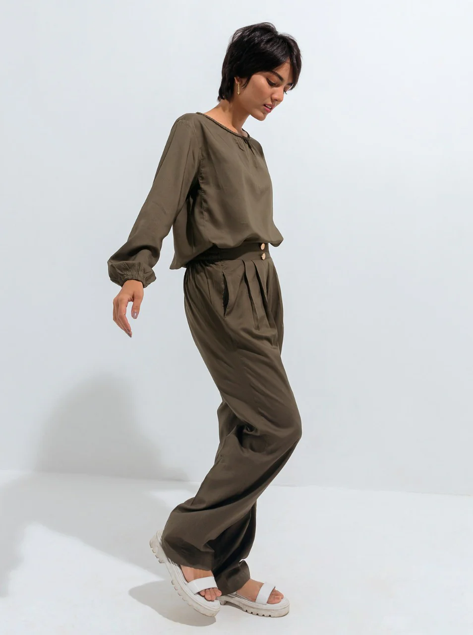 DARK OLIVE BRAIDED NECKLINE TOP - Image 2