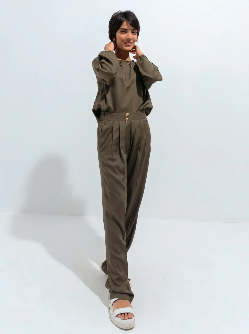 DARK OLIVE BRAIDED NECKLINE TOP - Image 3