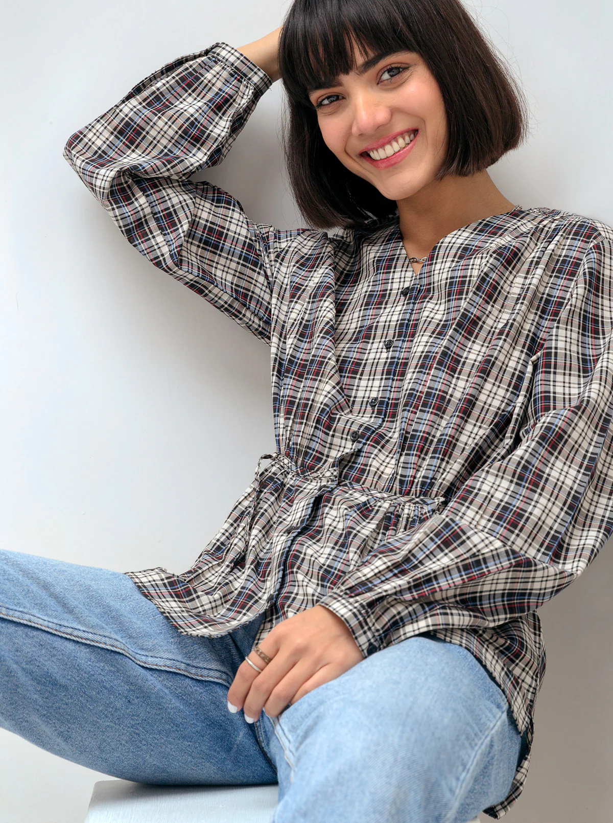 DARK CHECK PEPLUM BUTTON SHIRT - Image 3