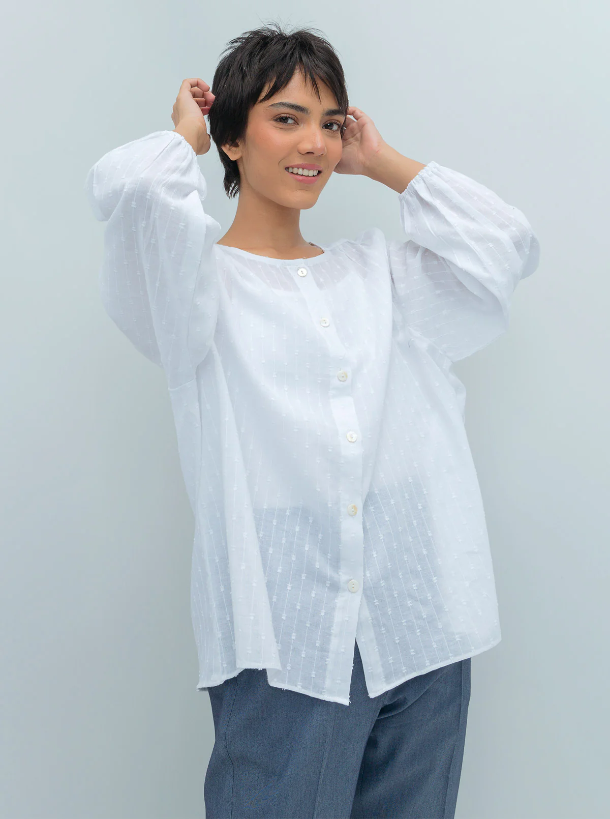 WHITE TEXTURED PLACKET SHIRT - Image 3