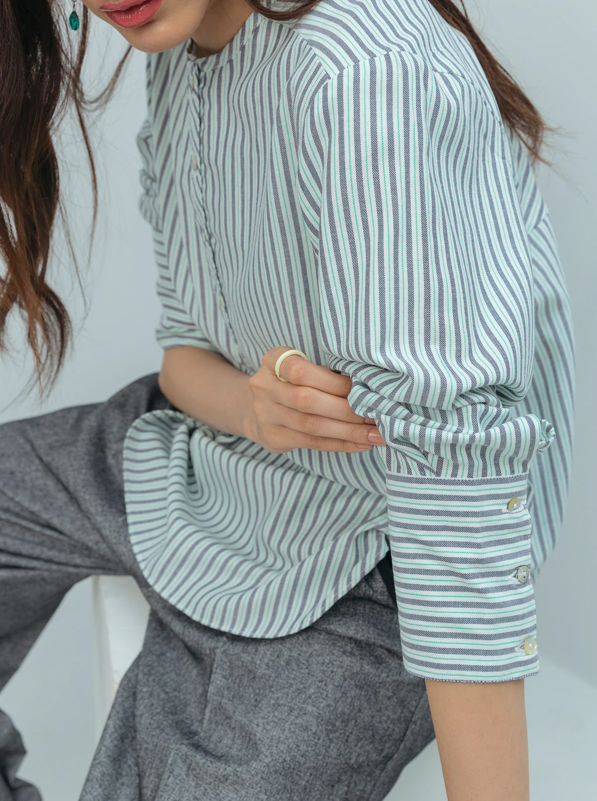 STRIPED PLACKET ROUND HEM TOP - Image 3