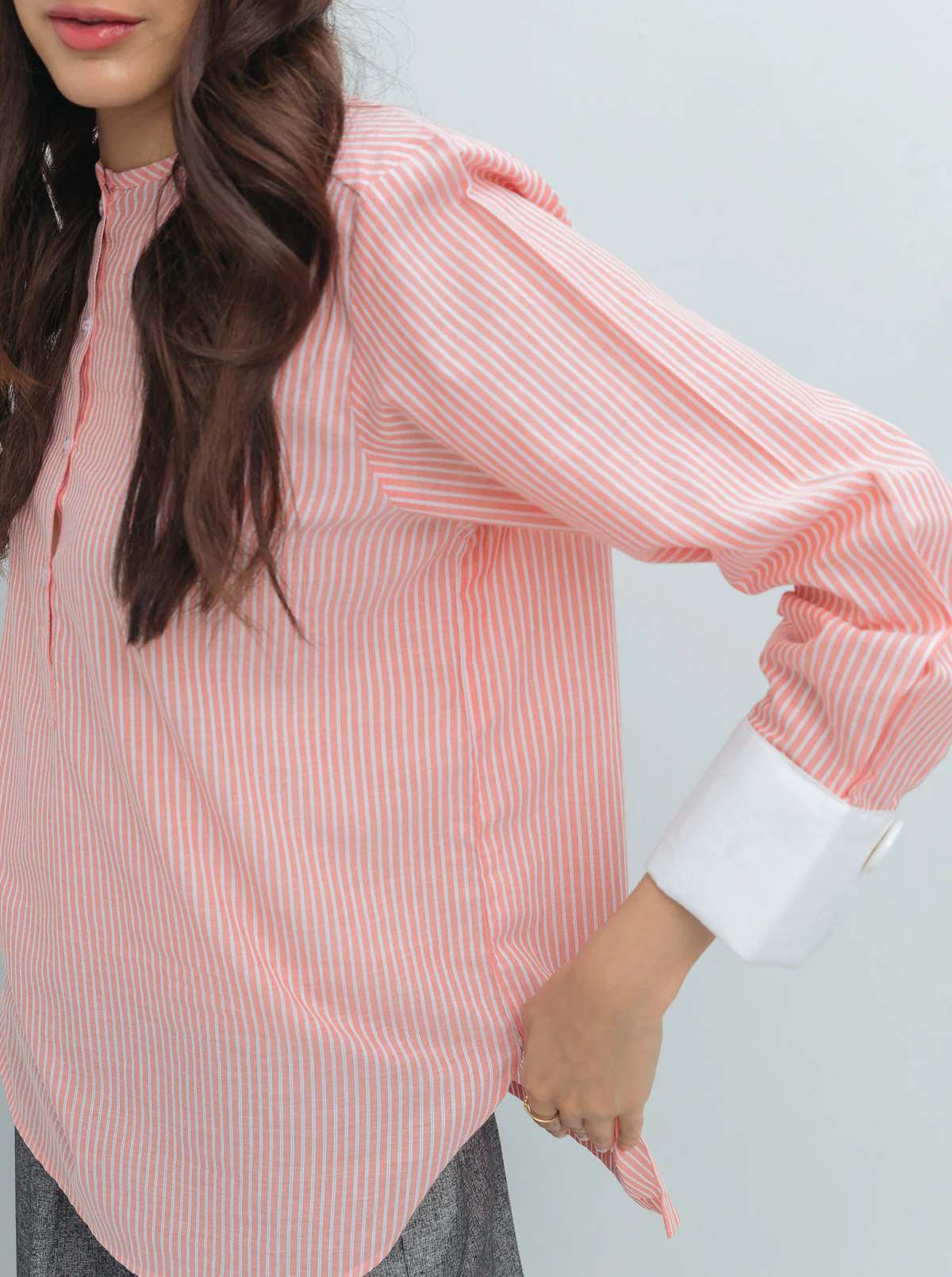 PEACH STRIPED CONTRAST CUFF TOP - Image 3