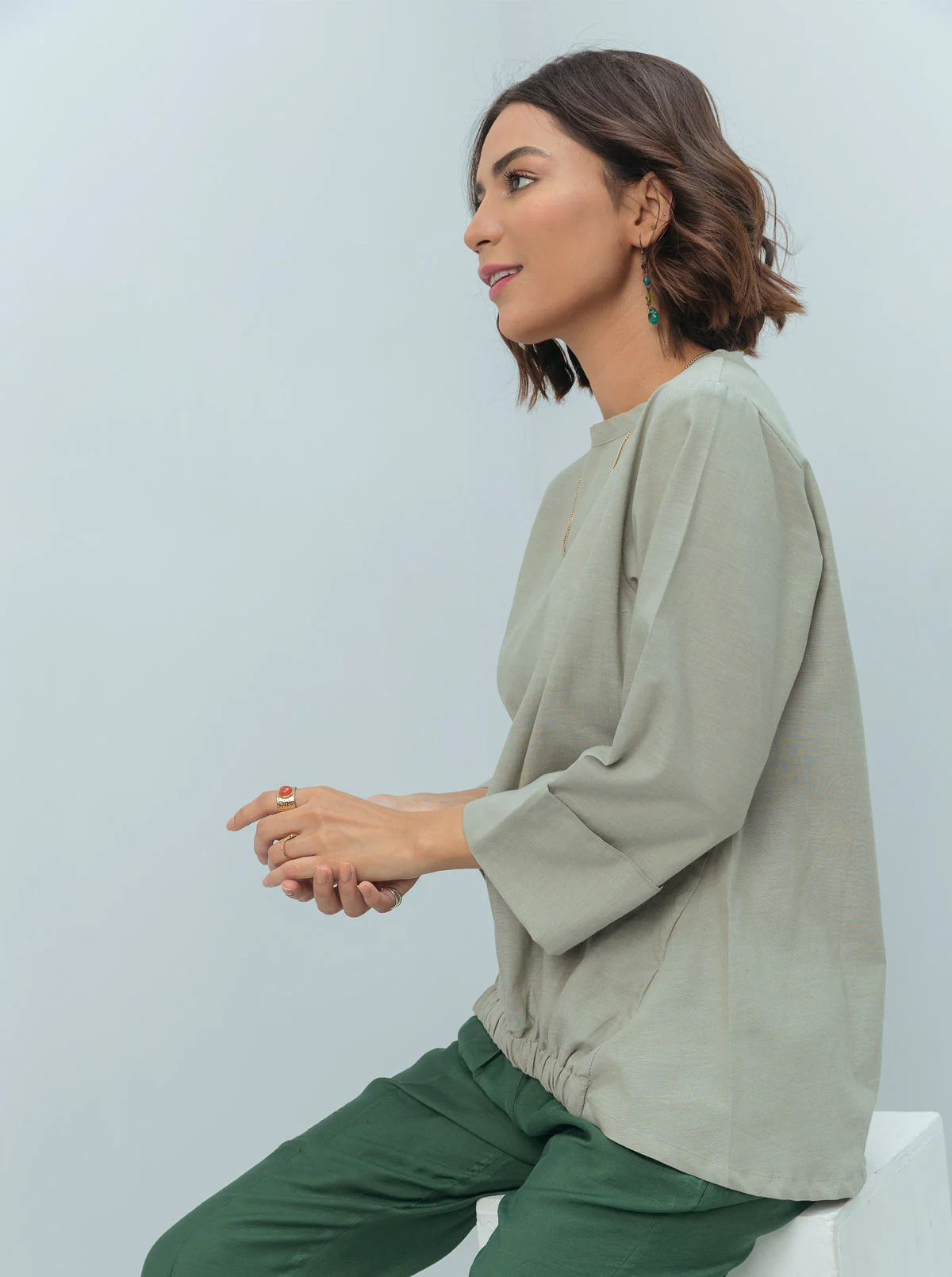 SAGE GREEN ELASTICATED HEM TOP - Image 3