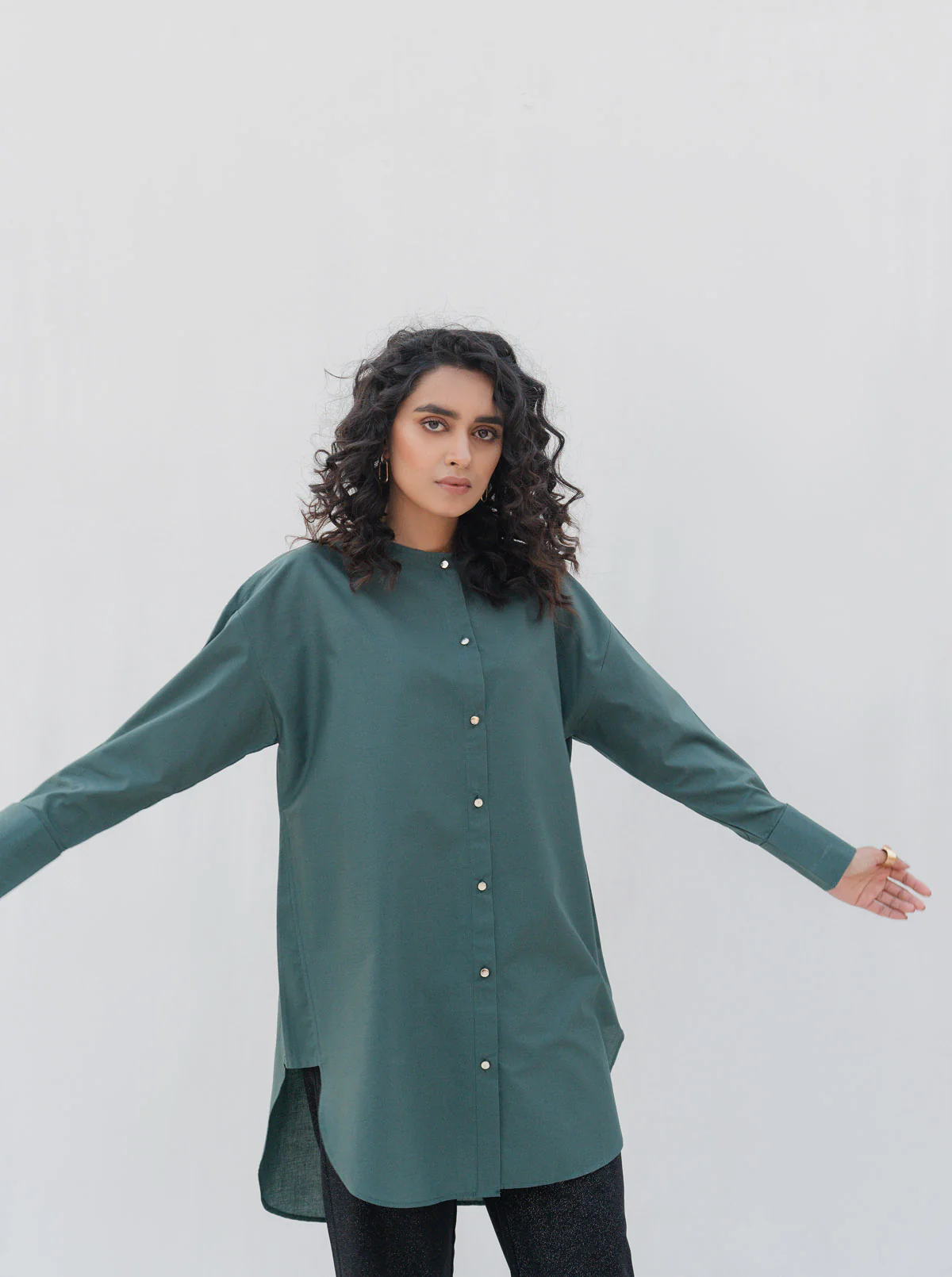 DARK GREEN LONG BUTTON DOWN SHIRT - Image 2