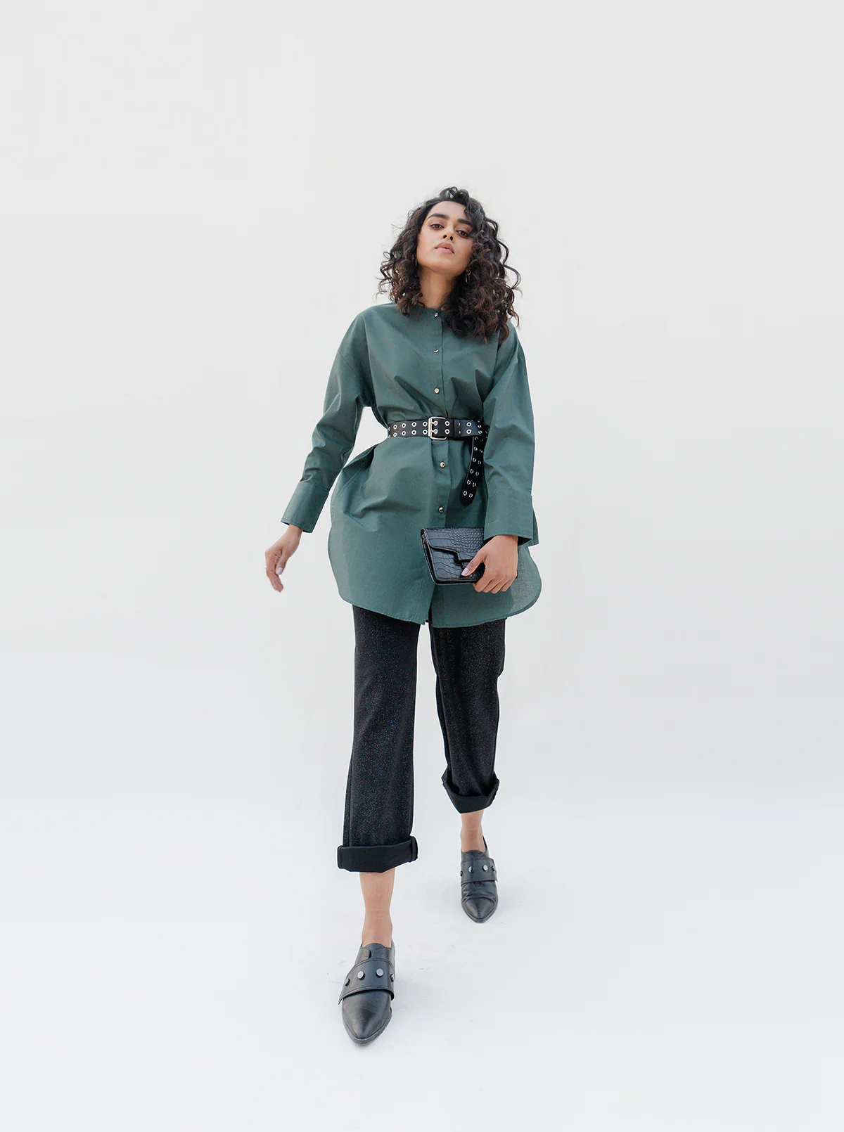 DARK GREEN LONG BUTTON DOWN SHIRT - Image 4