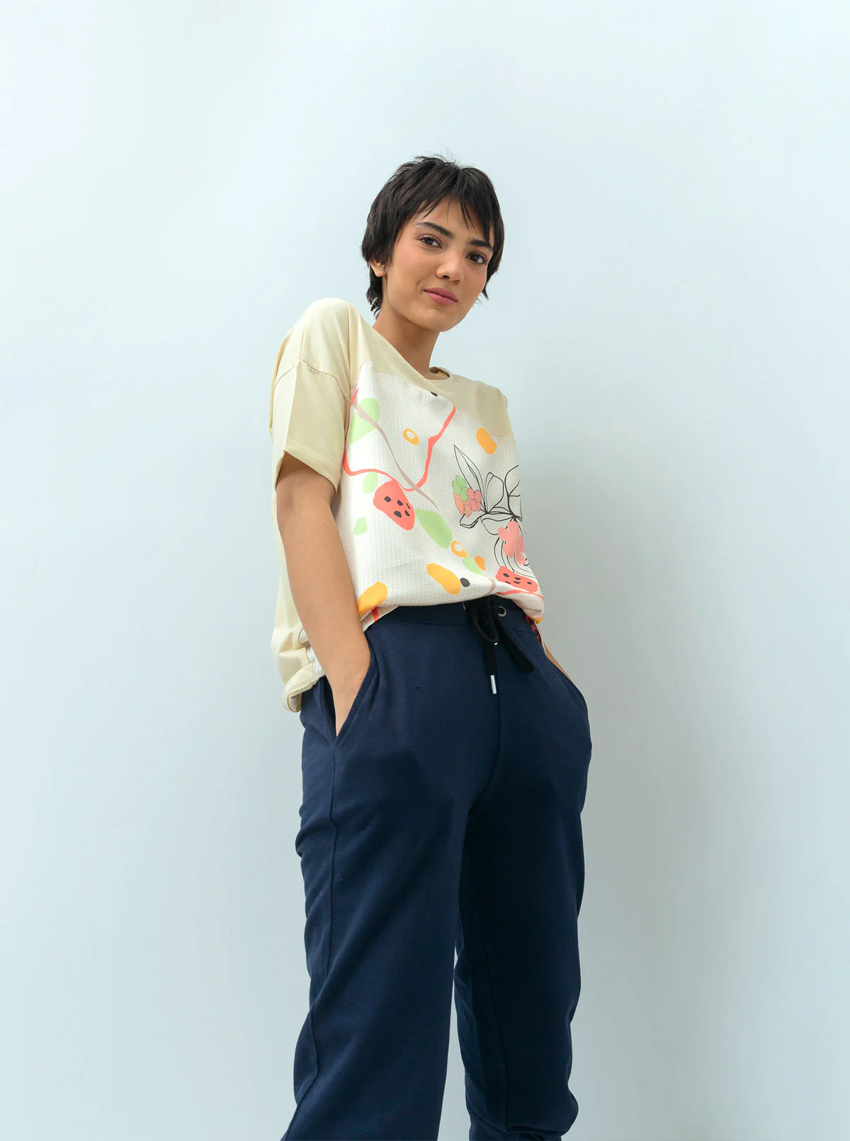 BEIGE FLORAL PRINTED SILK PANEL T-SHIRT - Image 2